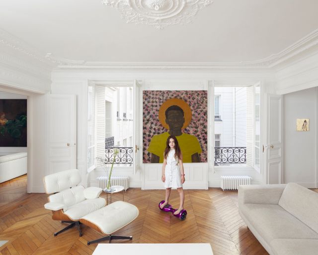 Works by Collins Obijiaku , 2020 (center), Dawn Okoro, 2021 (right) amd Emma Prempeh, 2021 Photo: Diane Arques. Courtesy of Barbara and Daniel Newman.